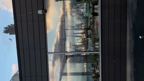 Reflections in cafe window in Klaipeda harbor. Vertical orientation Stock Footage 167274025