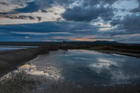 Reflections of cloudy sky at sunset. Stock Photos