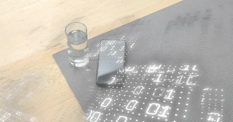 Reflections fading then phone spawning grid streaming then retracting binary Stock Footage 318550733