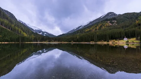 Reflections in a lake with a chapel timelapse Stock Footage 143419507