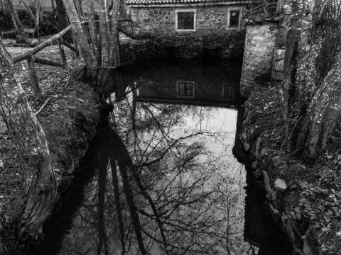 Reflections of the mill ByN-01890 Stock Photos