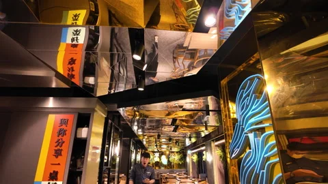 Reflections at Opening: Inside a Chinese Restaurant with Mirrored Ceiling Design Stock Footage 302643273