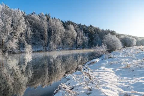 Reflections of snow covered trees in the River Teviot, Scottish Borders Stock Photos