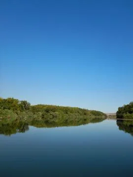 Reflections of a tree-lined river bank. Stock Photos