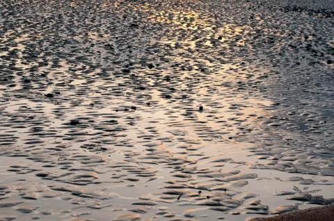 Reflections in waterpools on the sand at sunset Foto stock