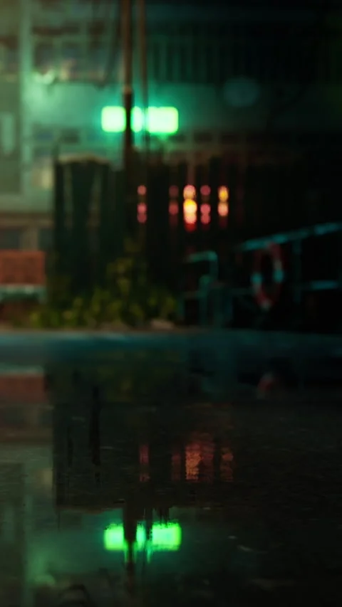 Reflections in a wet street during nighttime near buildings with lights Stock Footage 338387982