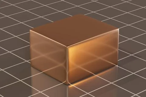 Reflective copper metallic cube on geometric grid floor Stock Illustration