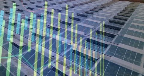 Reflective facade showing overlay in tech district, with green bars network n Stock Photos