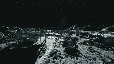 Reflective lunar surface with glowing habitats and autonomous vehicles at night Stock Footage 331524197