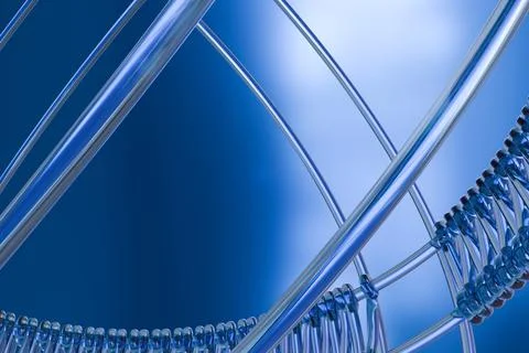Reflective metallic blue and silver tubes intertwine in an abstract, futuri.. Stock-Illustration