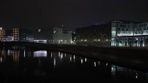 Reflective night, Illuminated river, Berlin glow Stock Footage 340663135