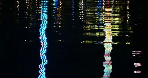 Reflective Night Lights on a Water Surface on the Kiel Week Festival in Germa Stock Footage 77101736