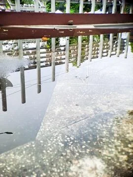 Reflective puddle displays an upside-down world with a brown fence and conc.. Stock Photos