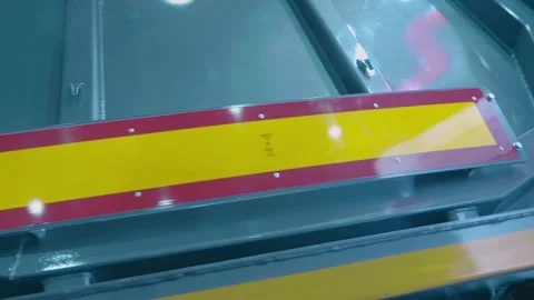 Reflective red and yellow sticker on the new blue side of the truck  Stock-Footage 333344006