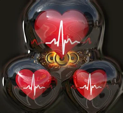 Reflective red hearts with sine waves and yellow speakers in the middle, Stock Illustration