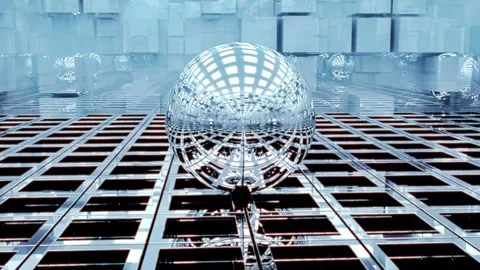 Reflective sphere glides over a geometric landscape in a sci-fi world Video stock 292145896