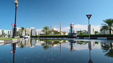 Reflective View of King Faizal Mosque in Sharjah Stock Footage 258568639