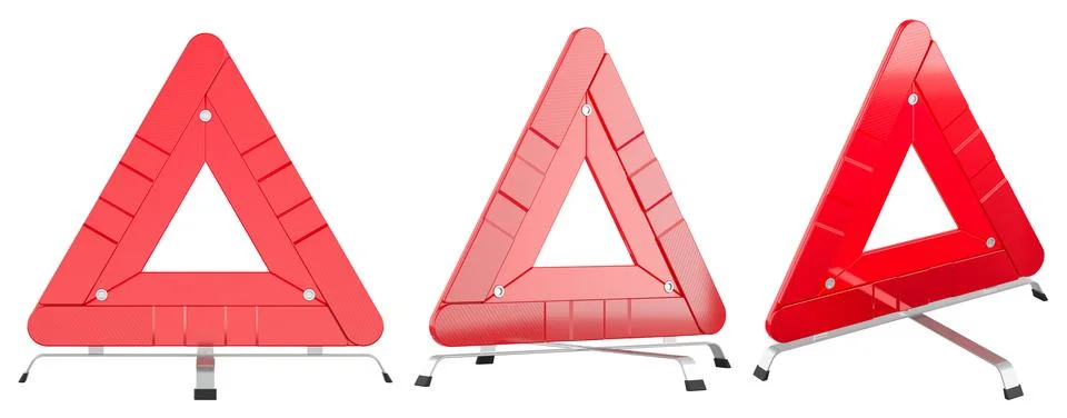 Reflective warning triangles set, shown from different angles. 3D rendering Stock Illustration