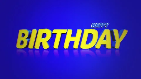 Reflective yellow letters float on blue Happy Birthday card Video stock 285380397
