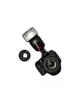 Reflex camera with flash  Foto stock