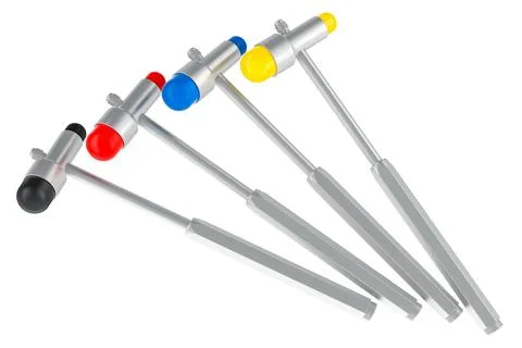 Reflex hammers, different colors. 3D rendering Illustrazione stock
