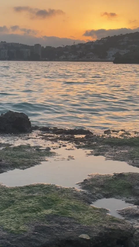 Reflexes in a puddle in the sunset of the coast of Mallorca 스톡 동영상 303891878