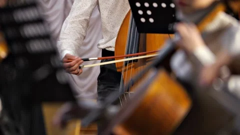 Refocusing from one member of the orchestra to another Stock Footage 220611164