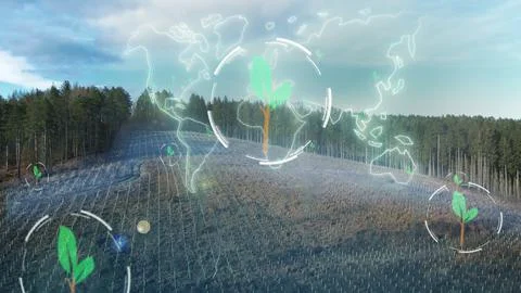 Reforestation with graphics of map world and trees. Sustainable environment Foto stock