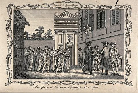 Reformed prostitutes being led in a group through the streets of Naples for.. Stock Illustration