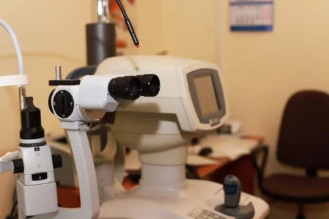 Refractometer eye test machine in ophthalmology.Modern ophthalmology clinic Stock Photos