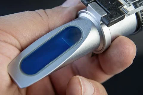 Refractometer,  Macro photography, the front part where the liquid is measure Stock Photos