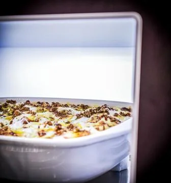Refractory container with lasagna inside the oven Stock Photos