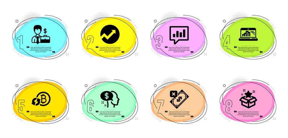 Refresh bitcoin, Pay and Rejected payment icons set. Analytical chat, Loyalty Stock-Illustration