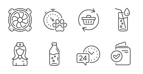 Refresh cart, Computer fan and 24h service icons set. Water glass, Hospital Stock Illustration