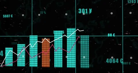 On refresh chart building, teal columns rising and trend lines drawing to show Stockbeeldmateriaal 321435219