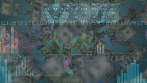 On refresh, financial dashboard updating charts, numbers while dollar bills Vídeos de archivo 329454655