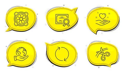 Refresh, Hold heart and Scissors icons set. Computer fan sign. Rotation Stock Illustration