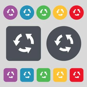 Refresh icon sign. A set of 12 colored buttons. Flat design. Stock Illustration