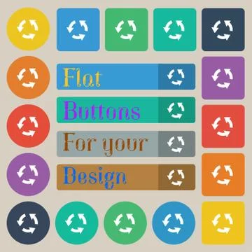 Refresh icon sign. Set of twenty colored flat, round, square and rectangular  Stock Illustration