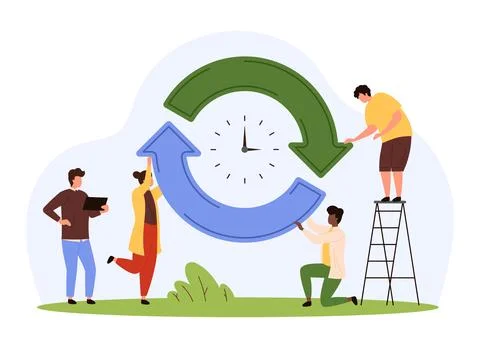 Refresh or reload task, renew visualization by tiny people holding update circle イラスト素材