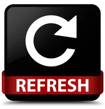 Refresh (rotate arrow icon) black square button red ribbon in middle Stock Illustration