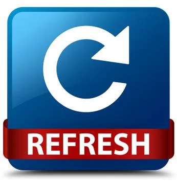 Refresh (rotate arrow icon) blue square button red ribbon in middle Stock Illustration