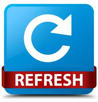 Refresh (rotate arrow icon) cyan blue square button red ribbon in middle Illustrazione stock