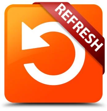 Refresh (rotate arrow icon) orange square button red ribbon in corner Illustrazione stock