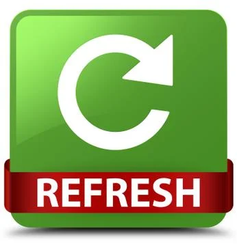Refresh (rotate arrow icon) soft green square button red ribbon in middle Illustrazione stock