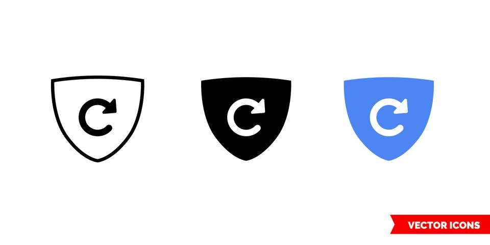 Refresh shield icon of 3 types color, black and white, outline. Isolated vect Stock Illustration