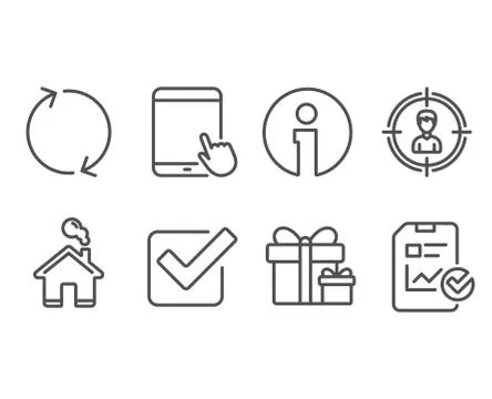 Refresh, Tablet pc and Headhunting icons. Surprise package, Checkbox and Report Stock Illustration