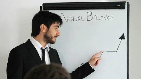 Refresher course - young manager explains the graph of the budget analysis Stock Footage 148734260