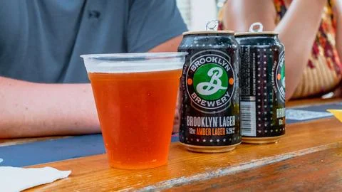 Refreshing amber lager in a plastic cup and two unopened cans on a wooden table Stock Photos
