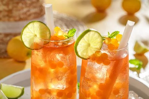 Refreshing and sour bubble tea as drink with ice. Stock Photos